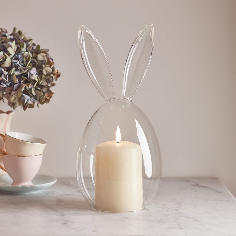 Lot de Cloche en Verre avec Oreilles de Lapin et Bougie Pilier TruGlow® de 10 cm