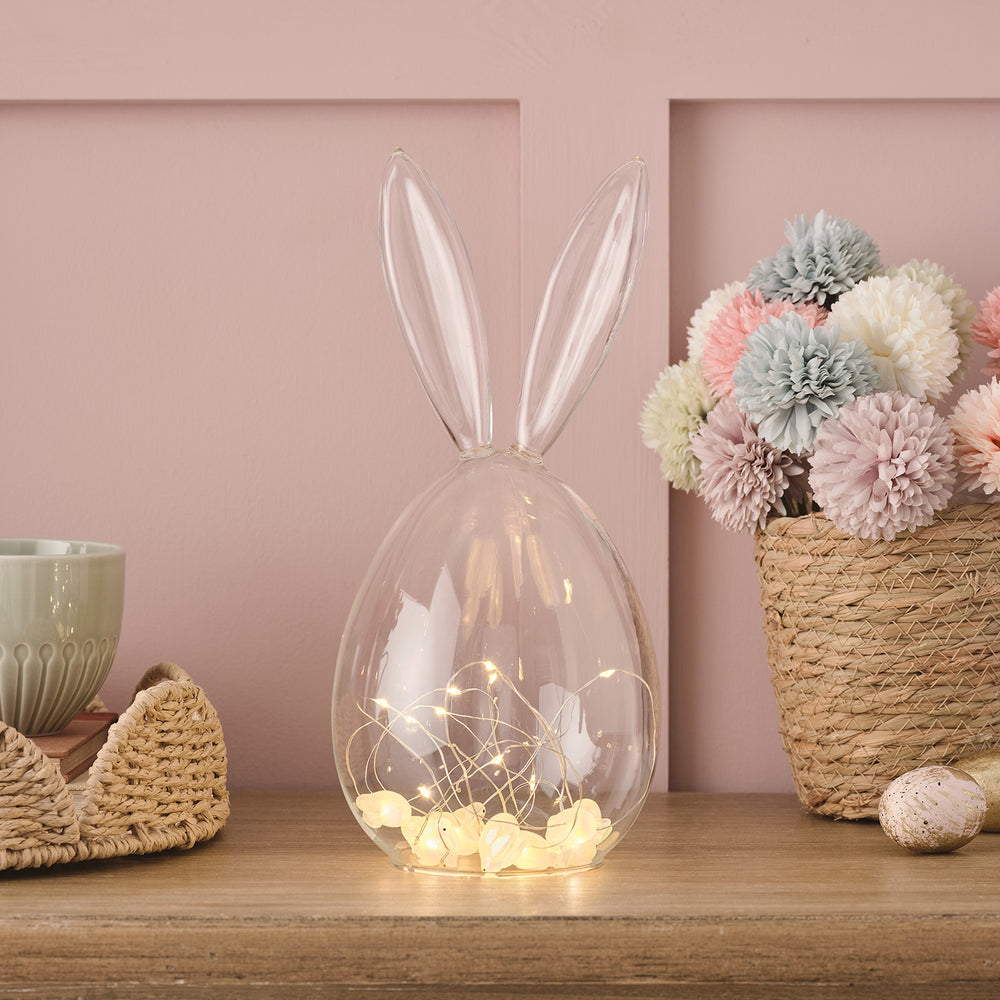 Lot de Cloche en Verre avec Oreilles de Lapin et Guirlande Lumineuse à Petits Lapins LED