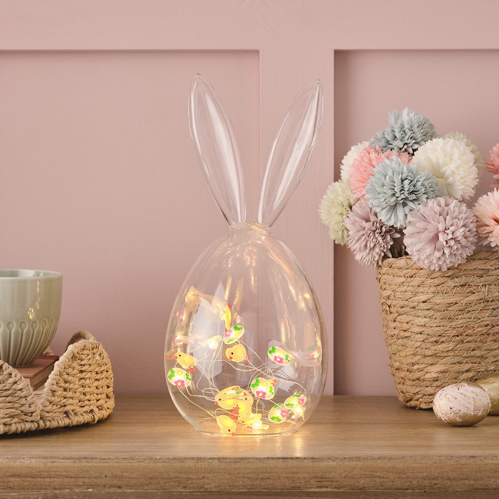 Lot de Cloche en Verre avec Oreilles de Lapin et Guirlande Lumineuse Œufs et Poussins