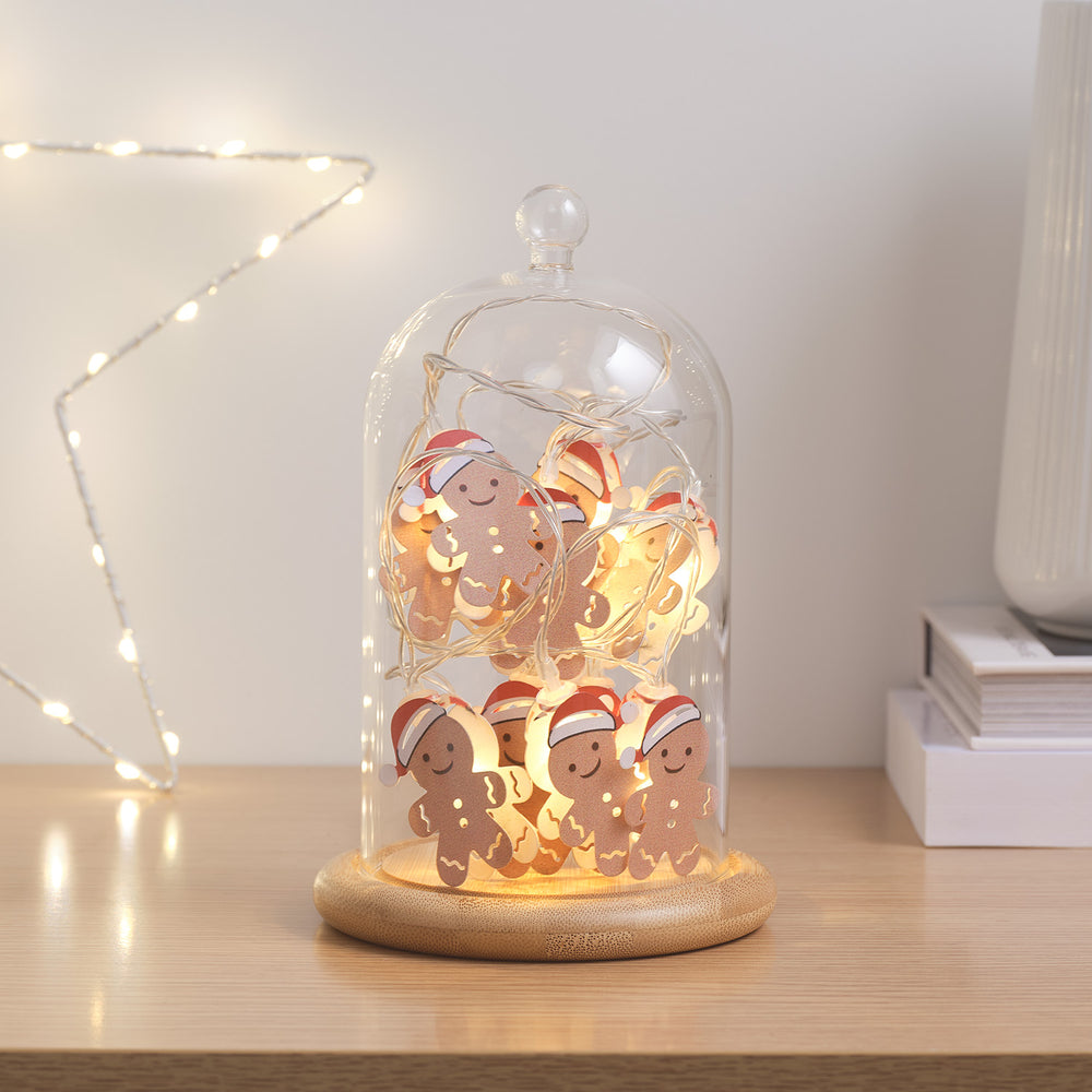 Lot de Cloche en Verre et Guirlande Micro LED Bonhommes Pain D’Épices