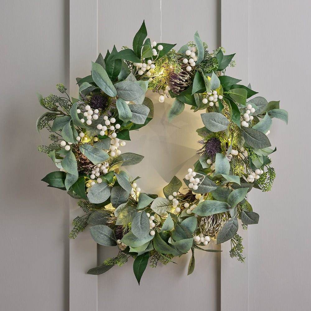 Lot de Couronne et Guirlande de Noël Pré-éclairée à Baies Blanches