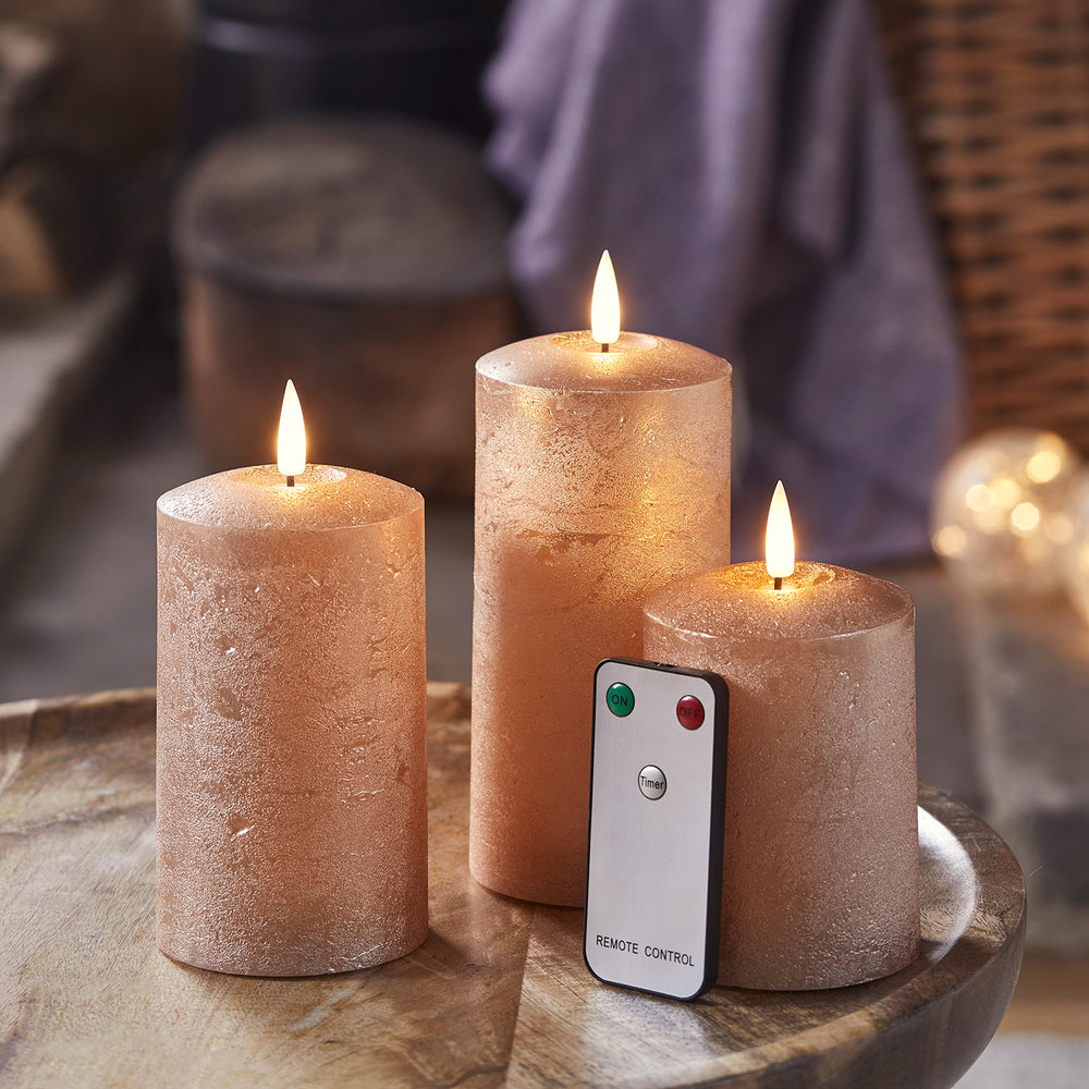 Lot de 3 Bougies Piliers TruGlow® à LED Effet Cuivré avec Télécommande
