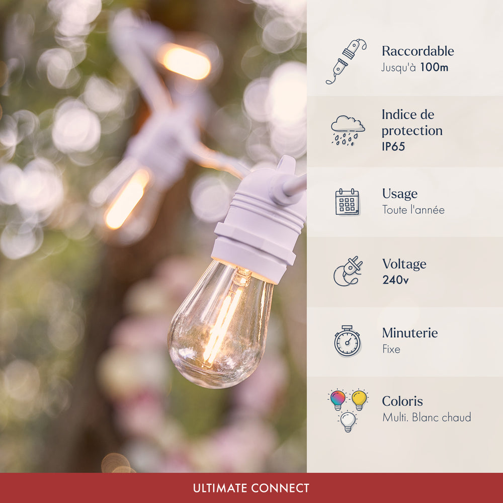 Guirlande Guinguette Ultimate Connect 10m 20 LED Blanc Chaud Câble Blanc
