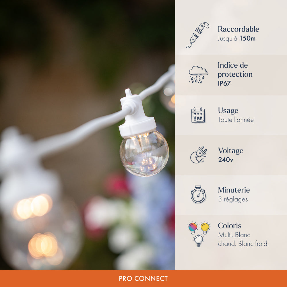 Guirlande Guinguette Pro Connect IP67 de 150m 300 LED Blanc Chaud Câble Blanc Raccordable Ampoules Transparentes