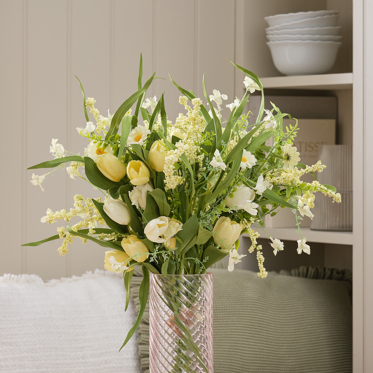 Bouquet Artificiel Printanier Tulipes Jaune Sorbet & Marguerites