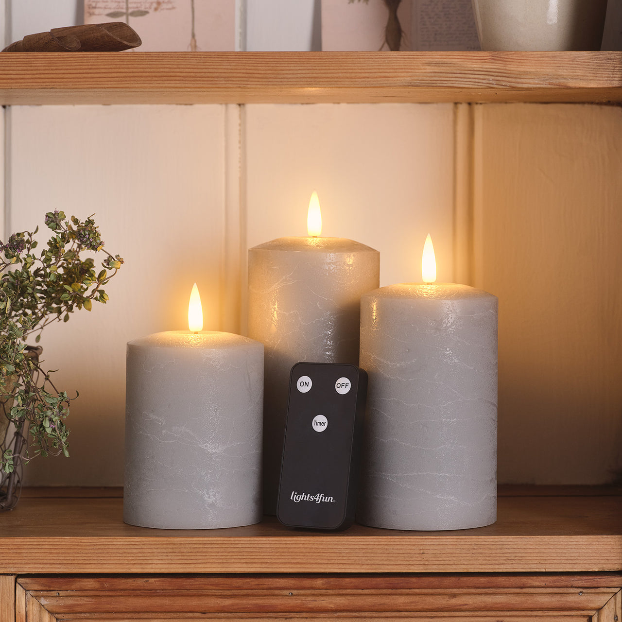 Lot de 3 Bougies Piliers TruGlow® Grises à LED Télécommandées