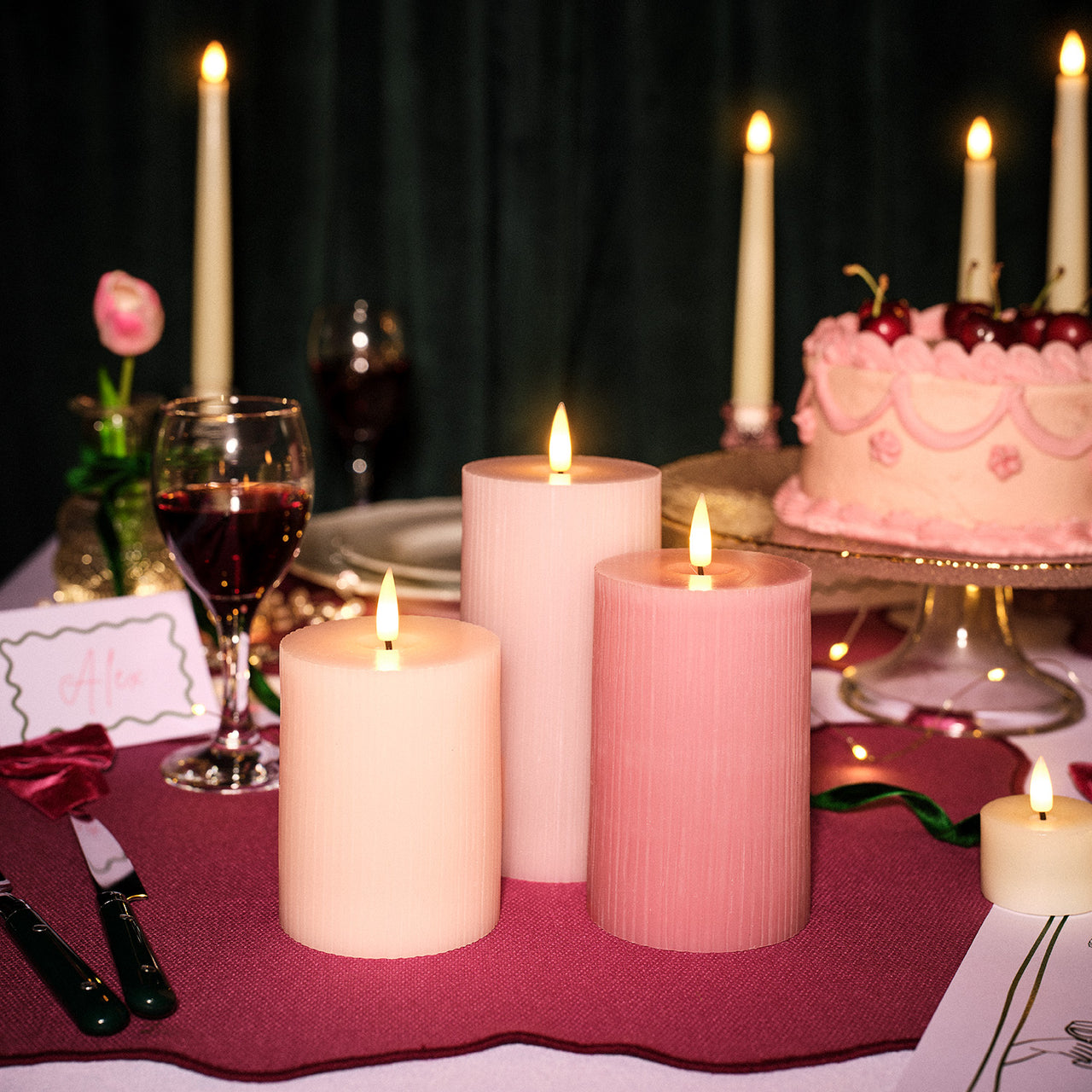 3 Bougies Piliers TruGlow® Rose Pâle à LED