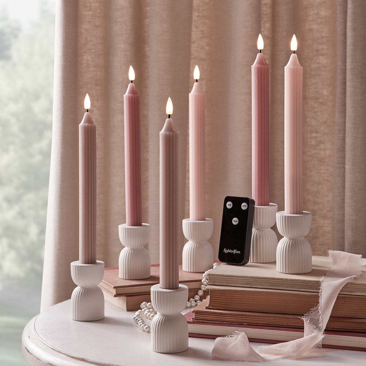6 Chandelles Striées Rose Truglow® avec Télécommande