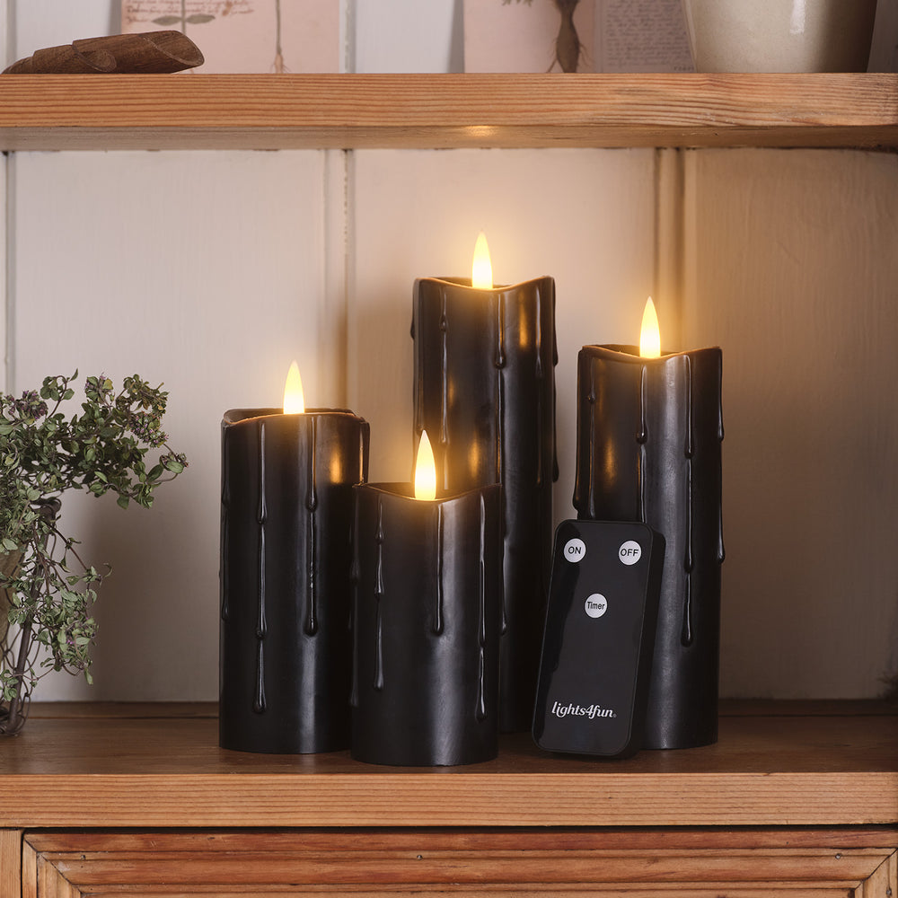 4 Bougies Piliers Fines TruGlow® en Cire Noire Coulante