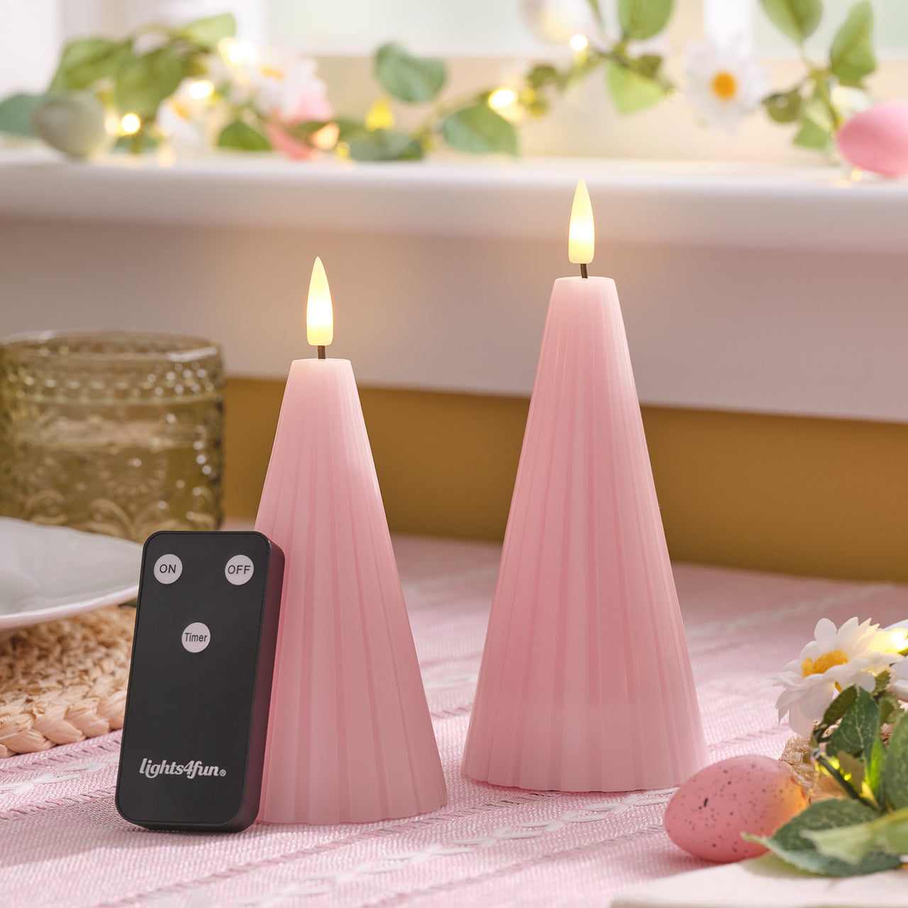 2 Bougies LED TruGlow® Rose Rainurées en Forme de Cône avec Télécommande