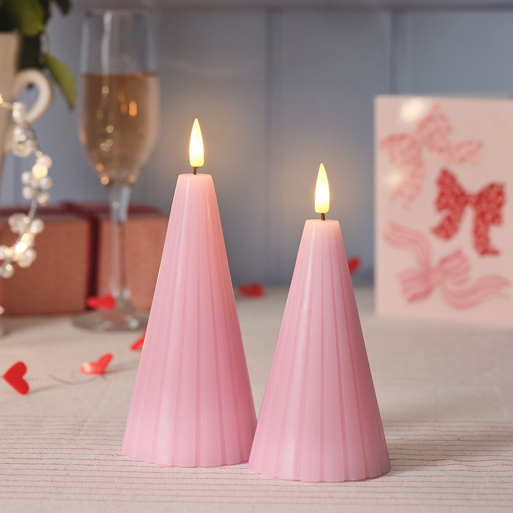 2 Bougies LED TruGlow® Rose Rainurées en Forme de Cône avec Télécommande