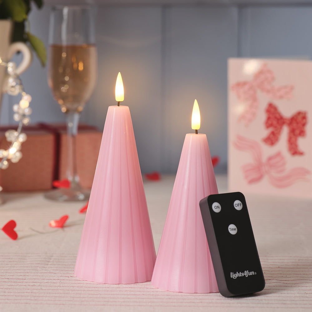 2 Bougies LED TruGlow® Rose Rainurées en Forme de Cône avec Télécommande