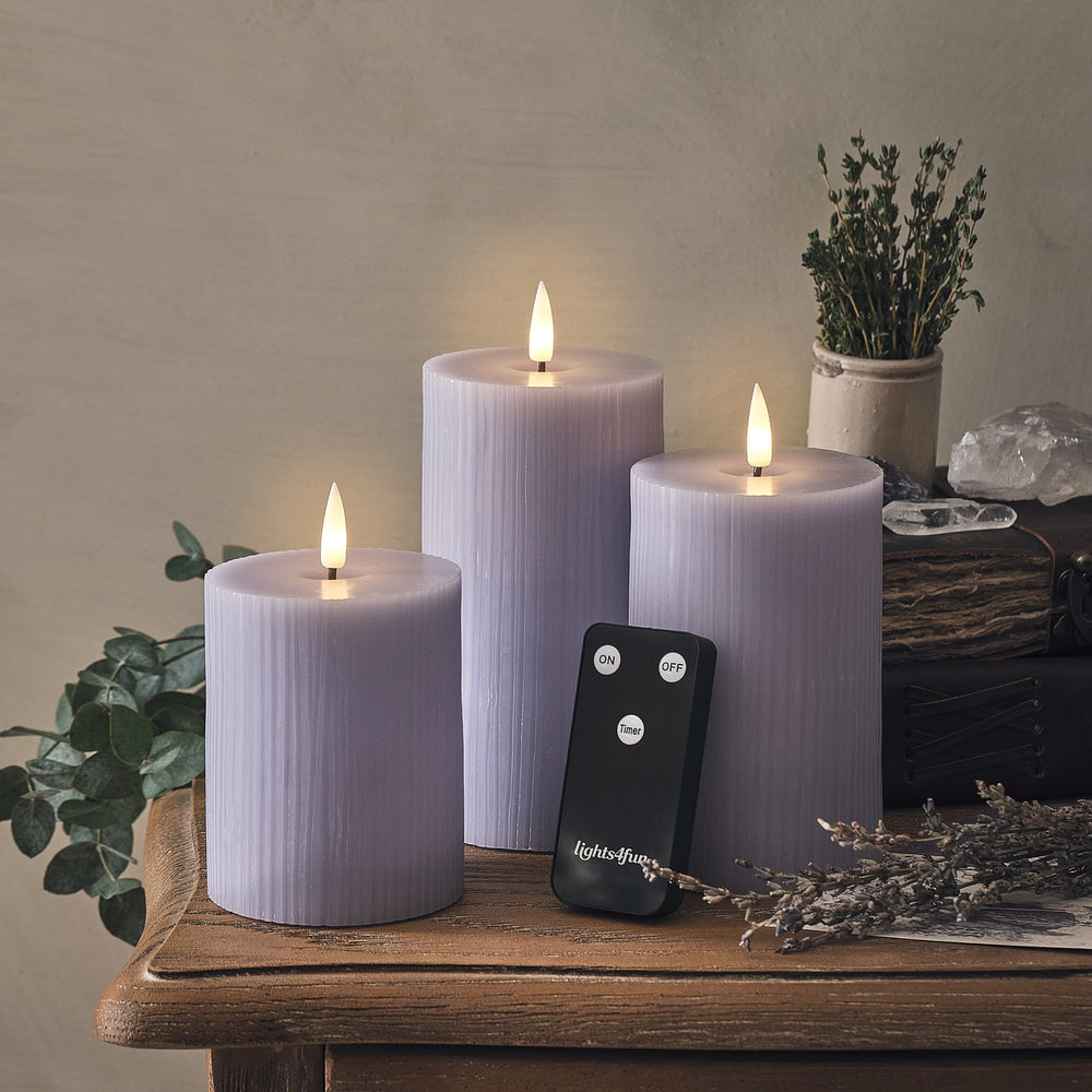 3 Bougies LED TruGlow® Lilas Rainurées avec Télécommande