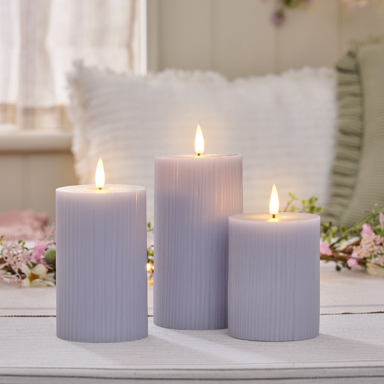 3 Bougies LED TruGlow® Lilas Rainurées avec Télécommande