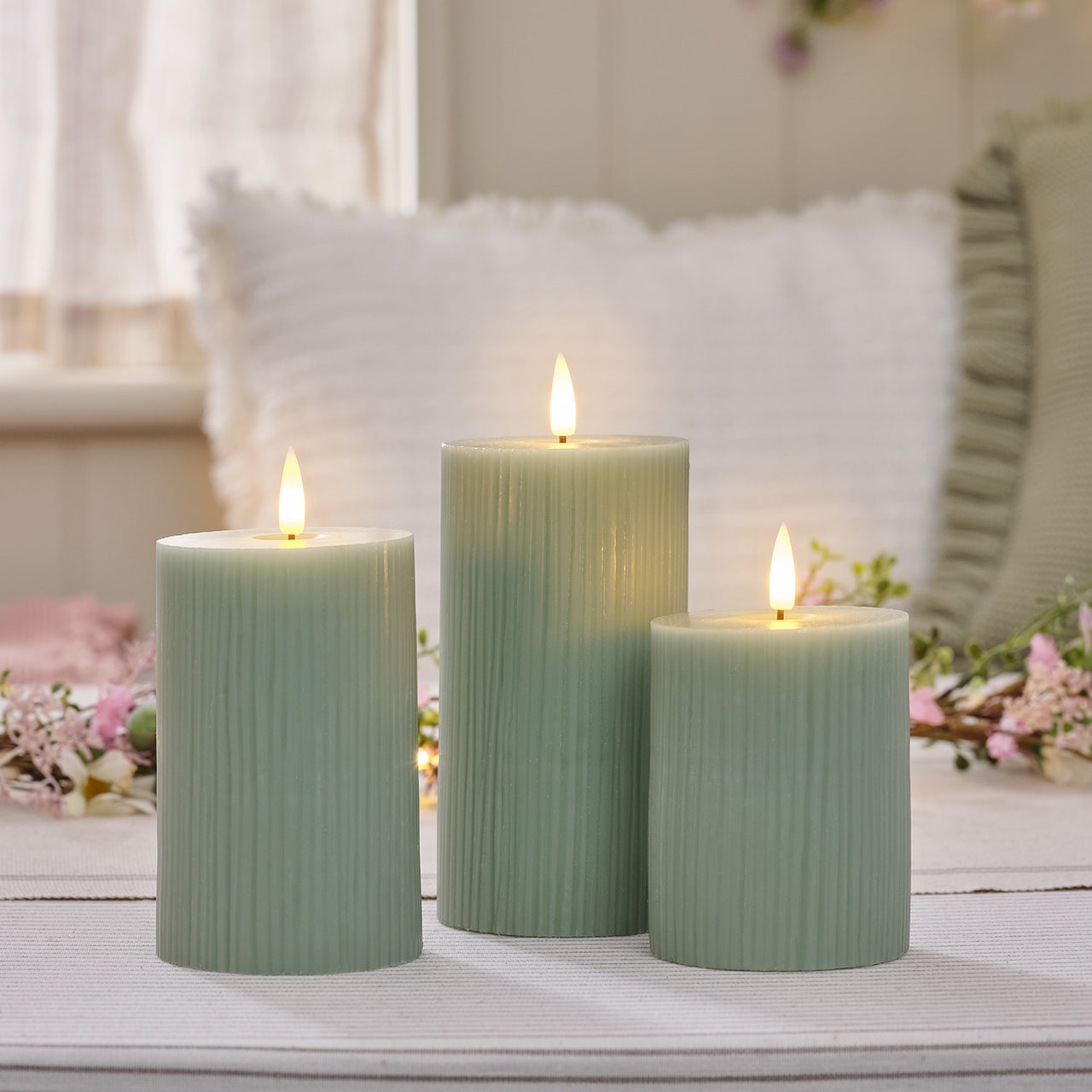 3 Bougies LED TruGlow® Vert Sauge Rainurées avec Télécommande
