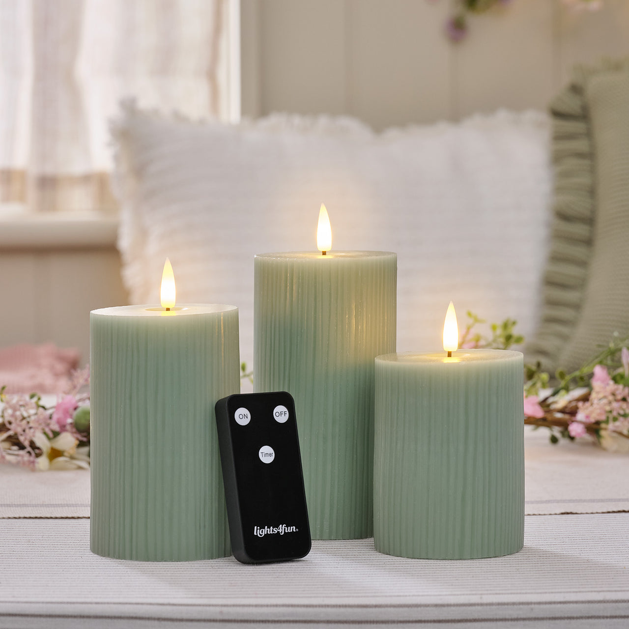 3 Bougies LED TruGlow® Vert Sauge Rainurées avec Télécommande