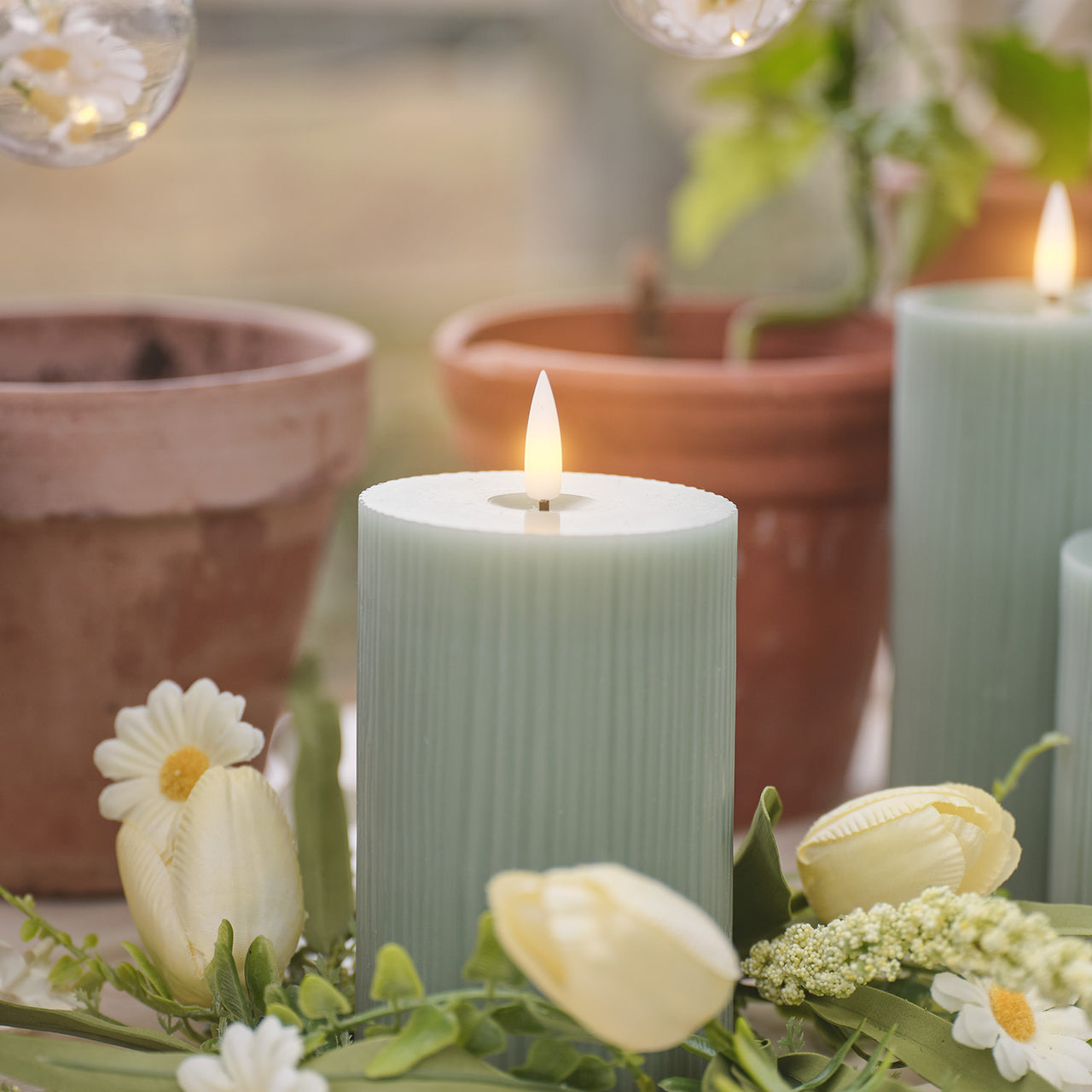 3 Bougies LED TruGlow® Vert Sauge Rainurées avec Télécommande