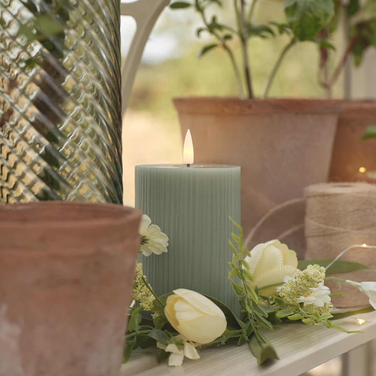 3 Bougies LED TruGlow® Vert Sauge Rainurées avec Télécommande