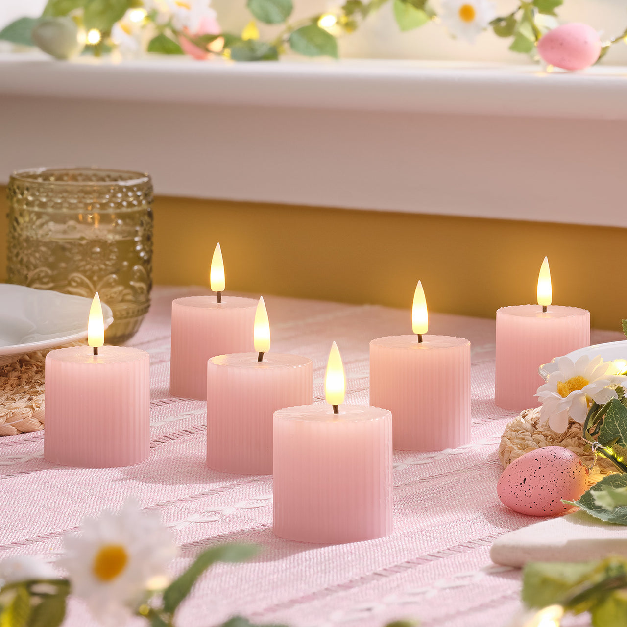 6 Bougies Votives LED TruGlow® Rose Poudré Rainurées avec Télécommande