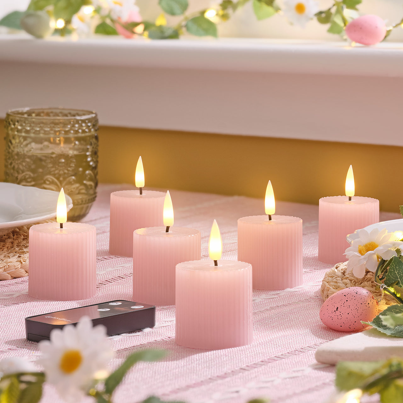 6 Bougies Votives LED TruGlow® Rose Poudré Rainurées avec Télécommande