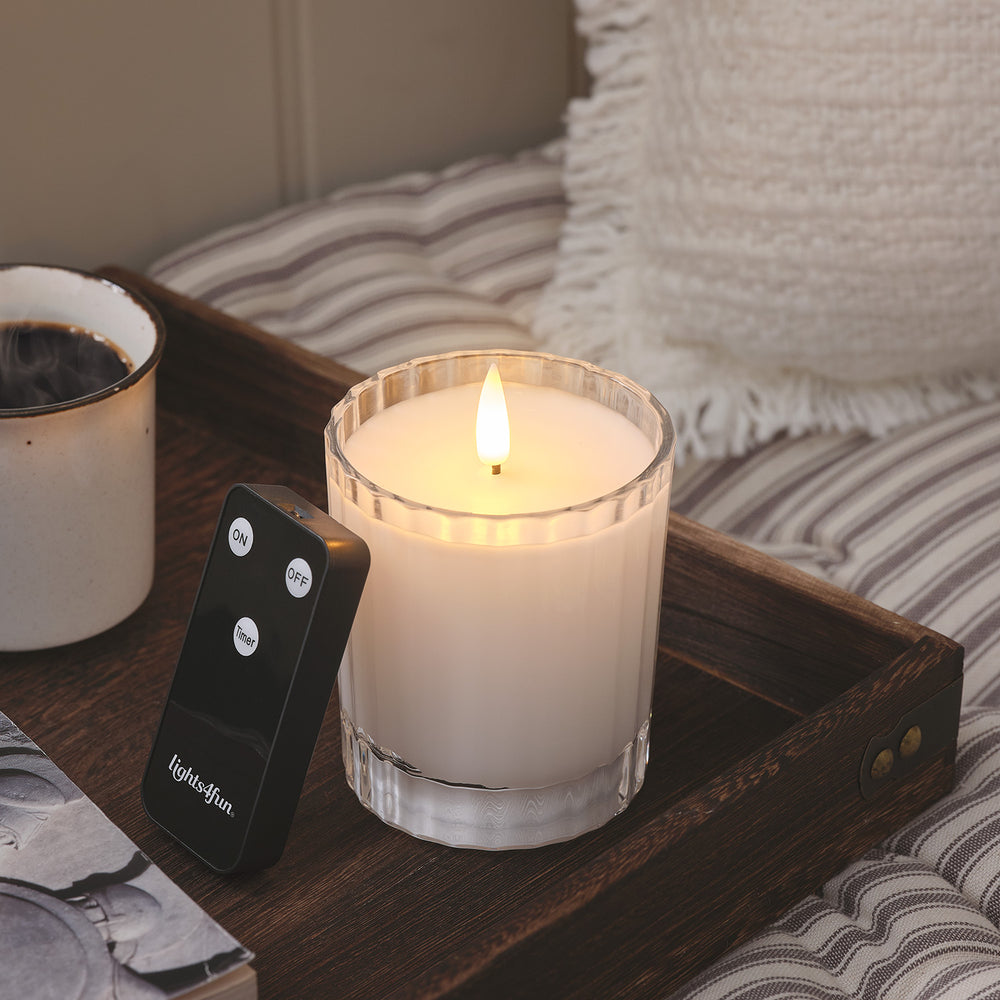 Bougie LED TruGlow®, Photophore en Verre Strié avec Télécommande