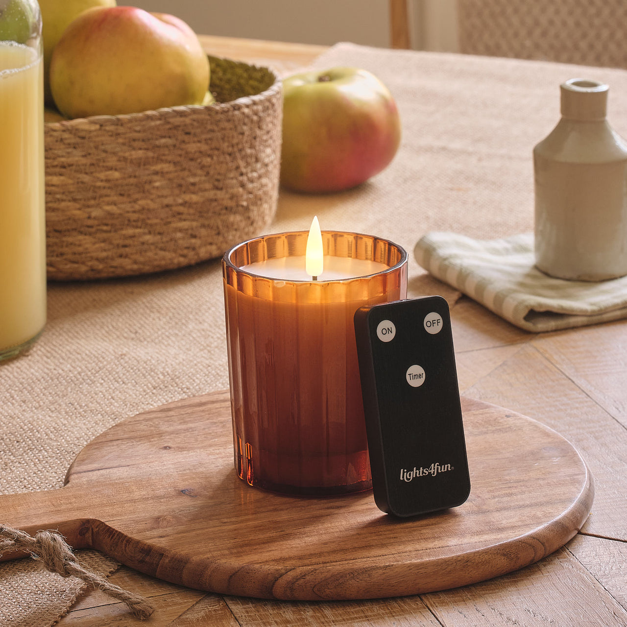 Bougie LED TruGlow® en Verre Rainuré Orange Brûlé avec Télécommande