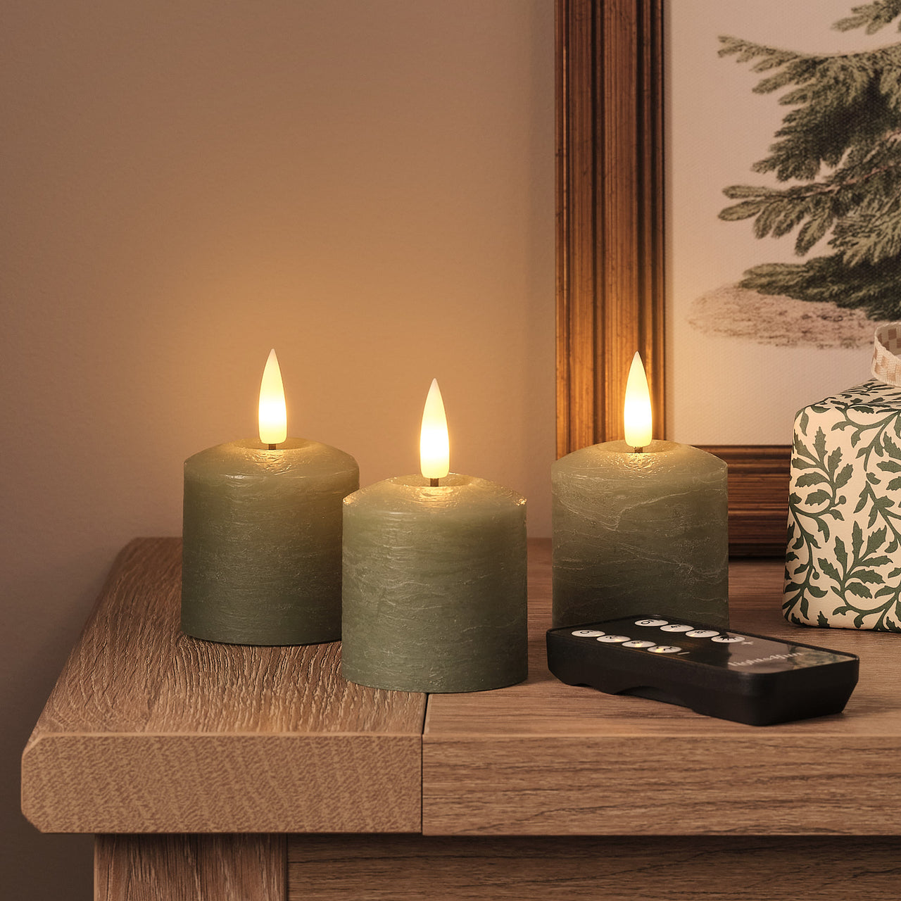 Lot de 3 Bougies Votives TruGlow® Vertes Effet Vieilli à LED avec Télécommande