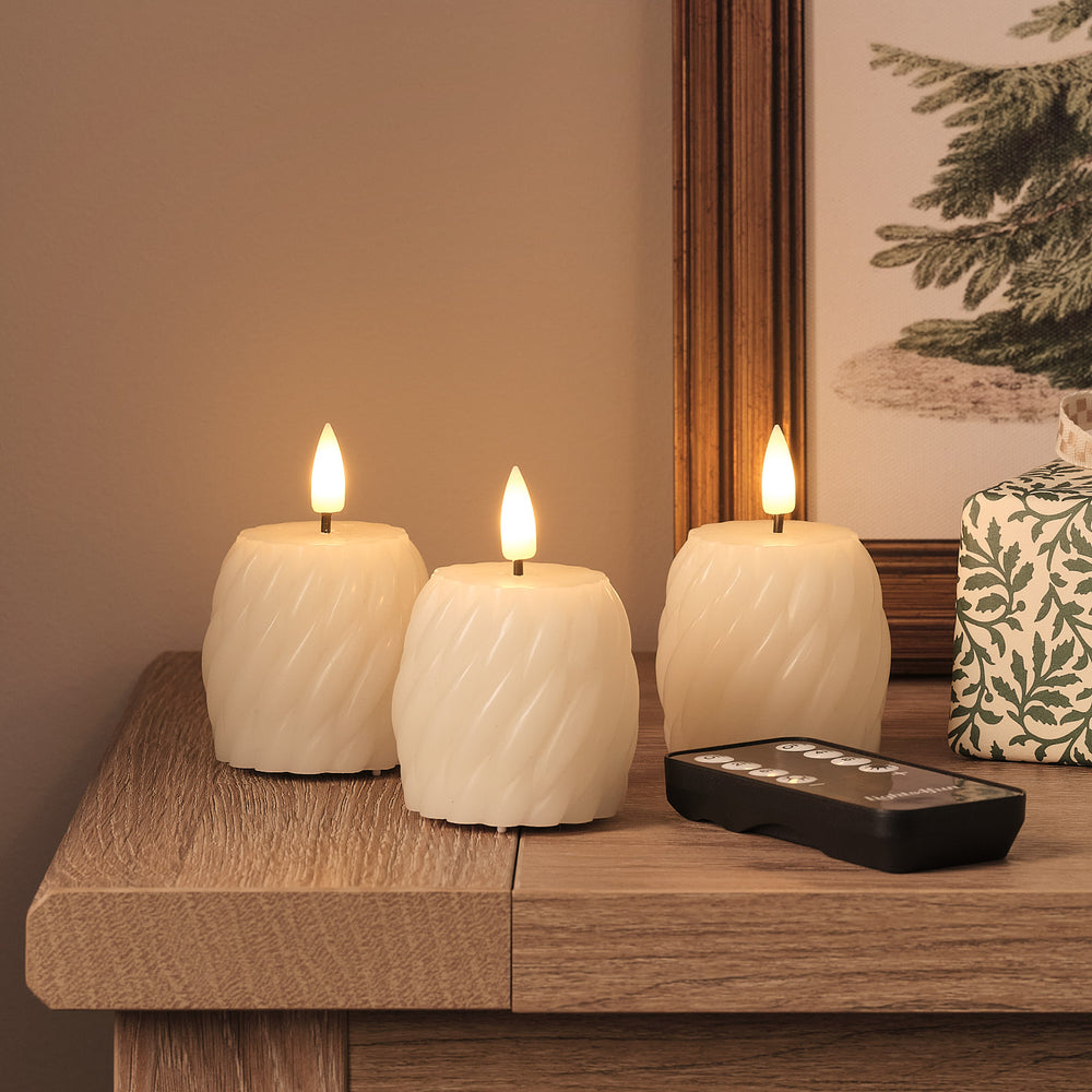 Lot de 3 Bougies Votives TruGlow® Ivoire Motif Tourbillon à LED avec Télécommande