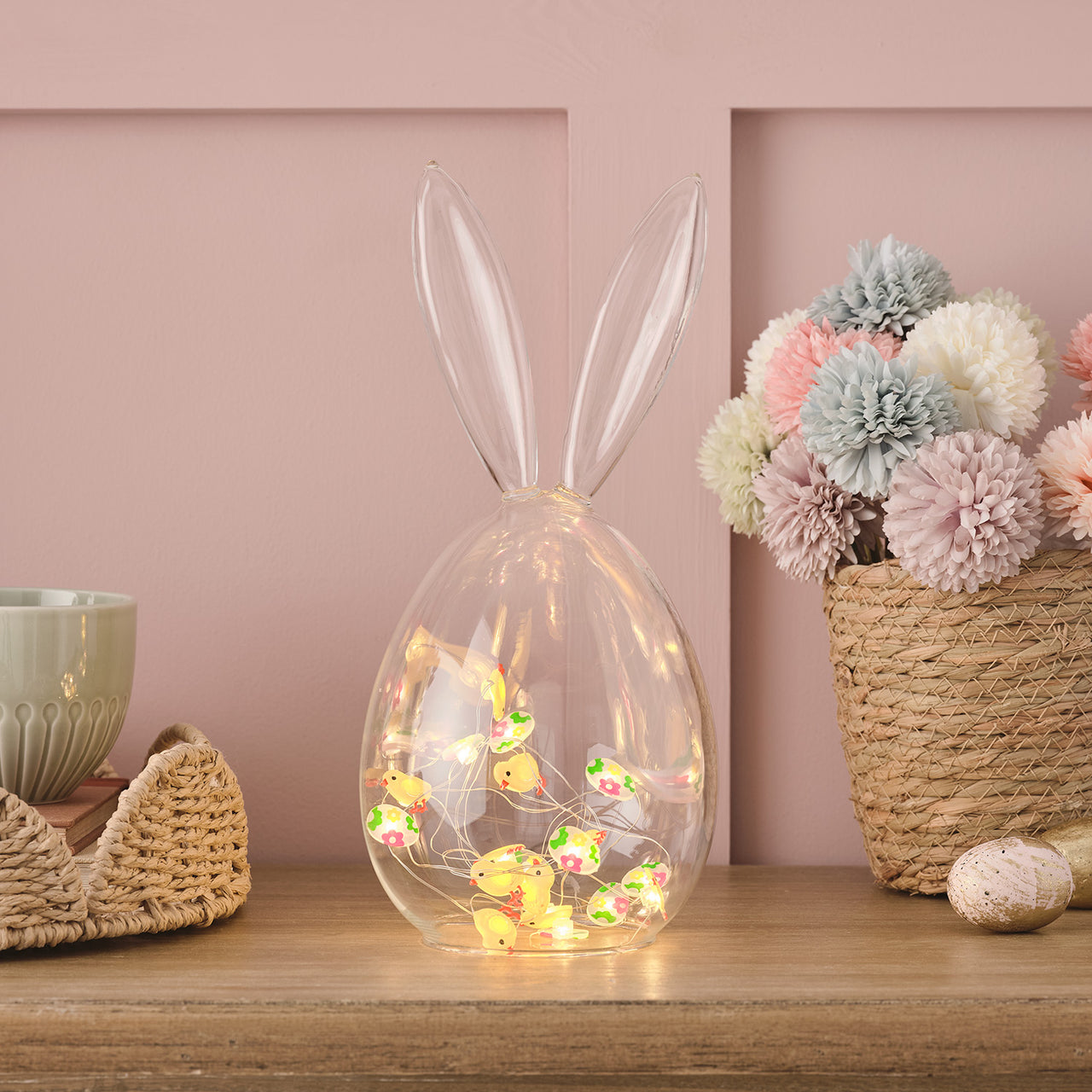 Lot de Cloche en Verre avec Oreilles de Lapin et Guirlande Lumineuse Œufs et Poussins
