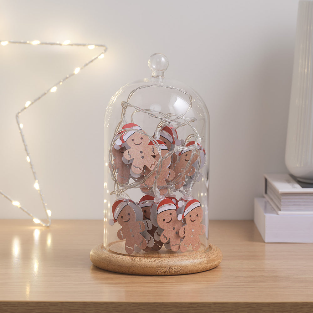 Lot de Cloche en Verre et Guirlande Micro LED Bonhommes Pain D’Épices
