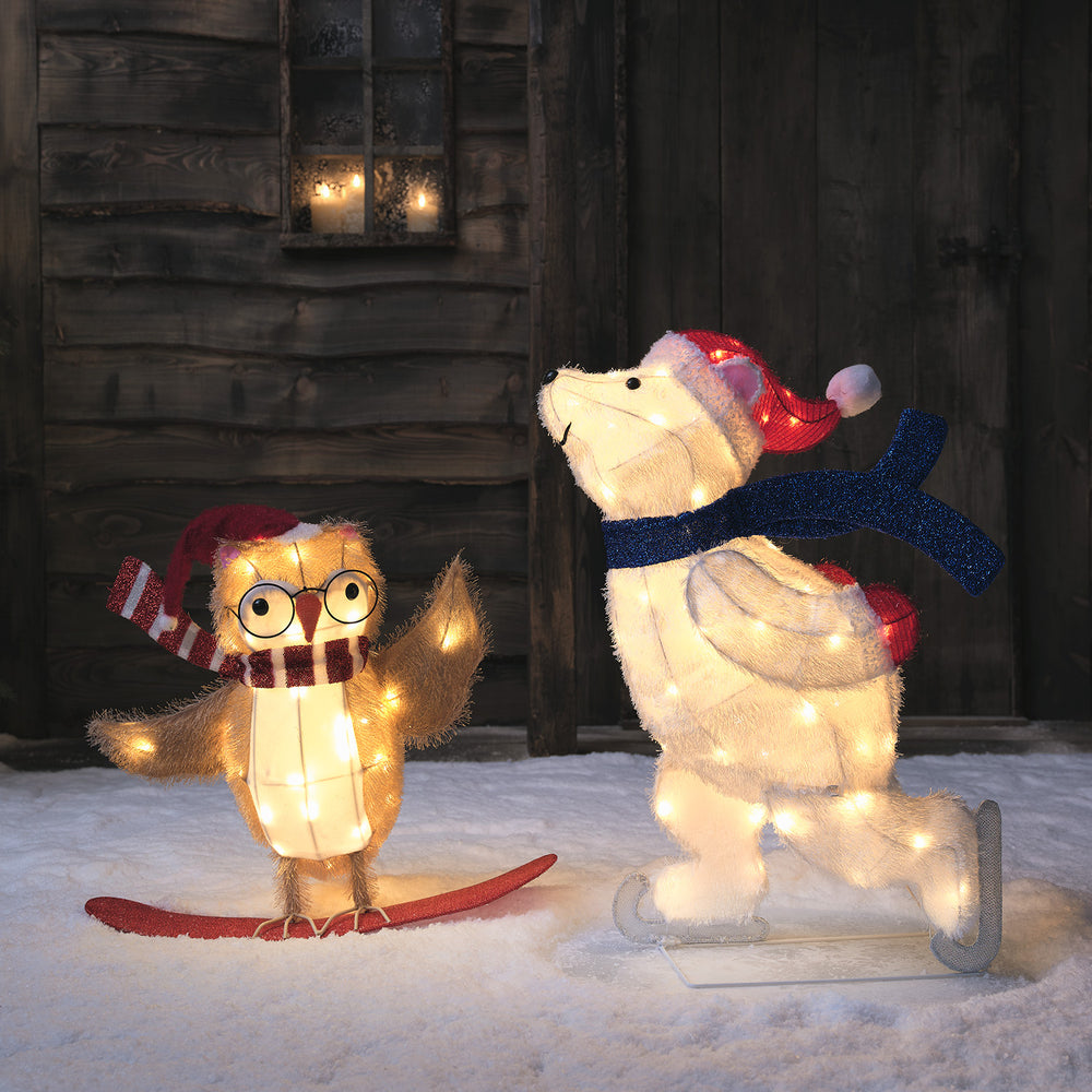 Lot de Figurines Lumineuses Ours Polaire sur Patins à Glace et Hibou sur Ski