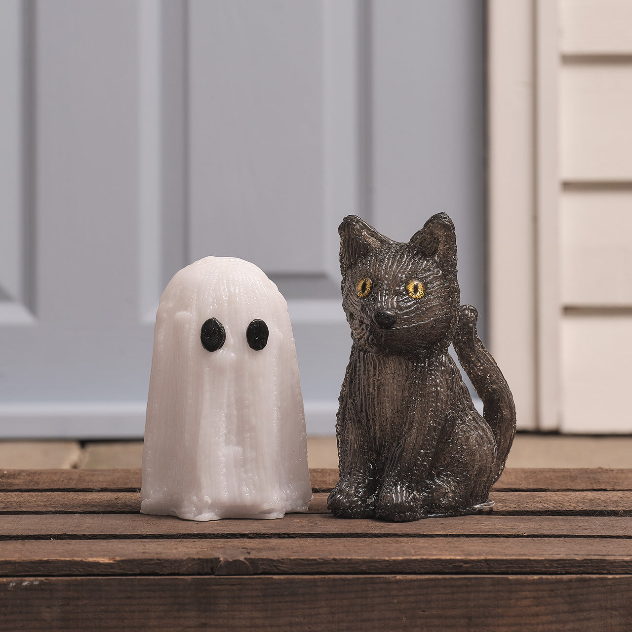 Duo de Décorations Halloween Lumineuses en Acrylique – Chat & Fantôme