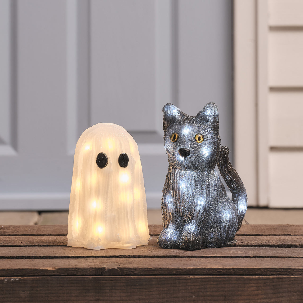 Duo de Décorations Halloween Lumineuses en Acrylique – Chat & Fantôme