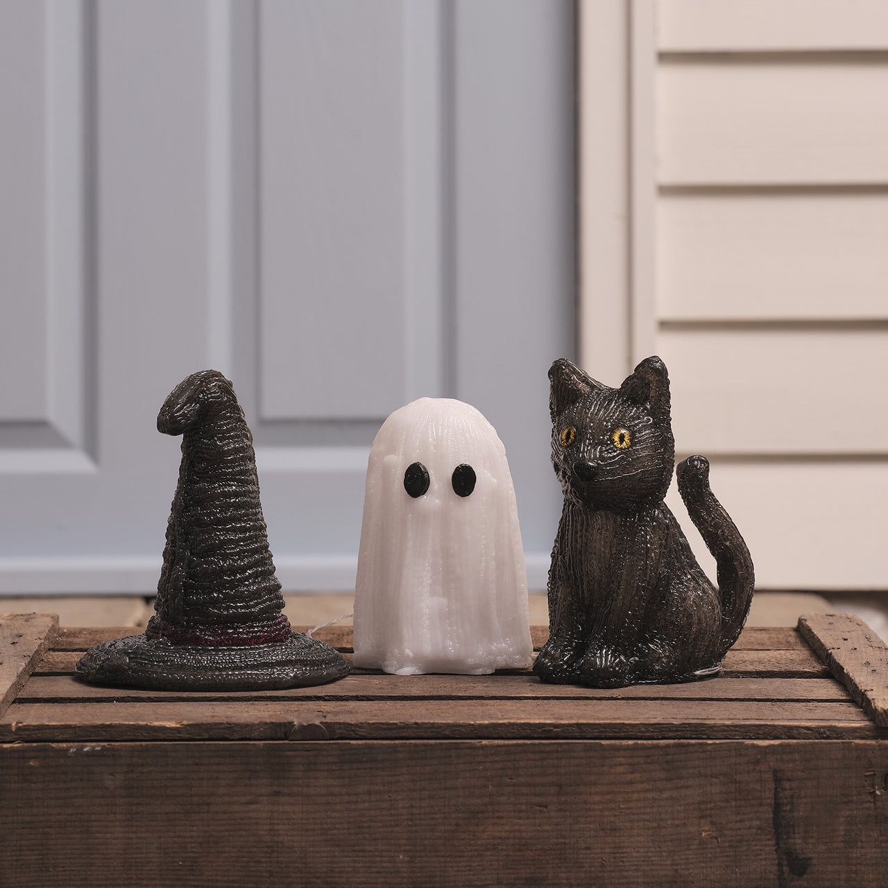 Trio de Décorations Halloween Lumineuses en Acrylique - Chat, Fantôme & Chapeau de Sorcière