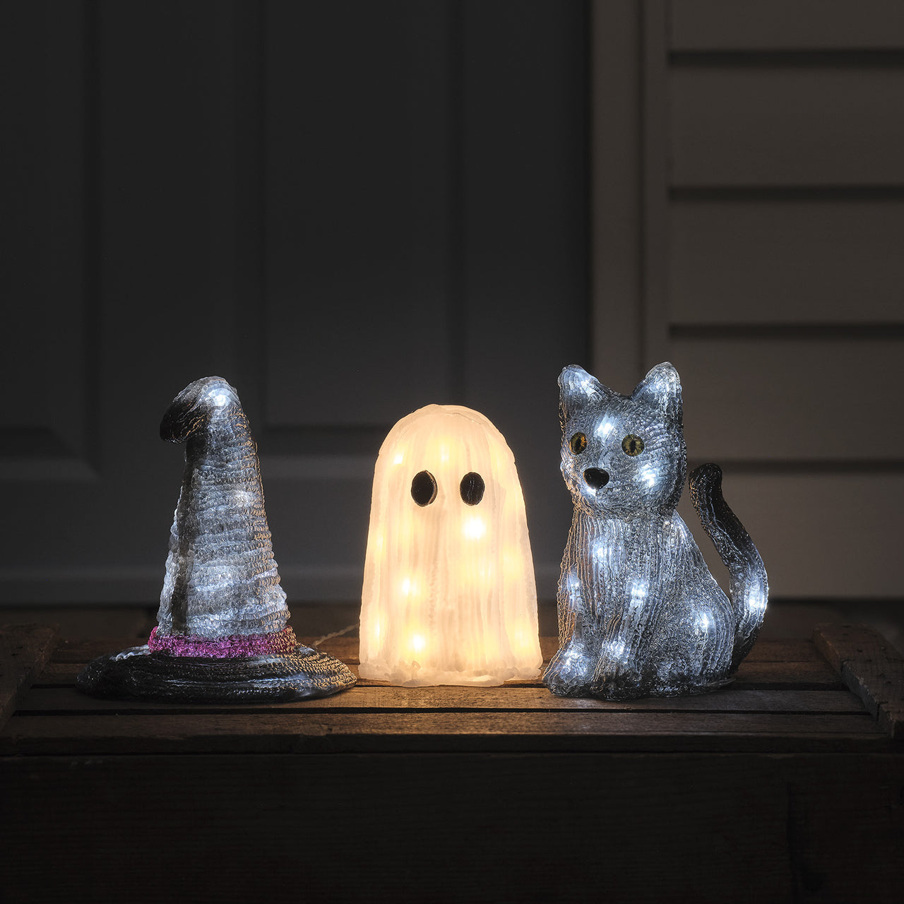 Trio de Décorations Halloween Lumineuses en Acrylique - Chat, Fantôme & Chapeau de Sorcière