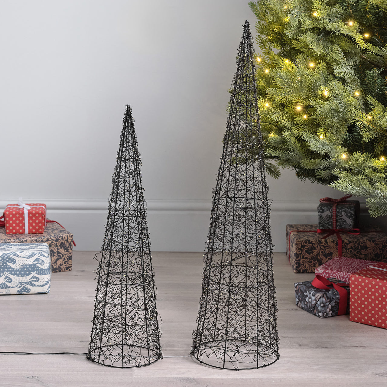 Duo de Cônes Lumineux en Fil Métallique de 80 cm et 60 cm