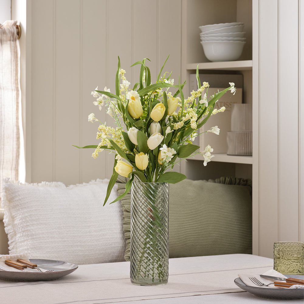 Bouquet Artificiel Tulipes Jaune Sorbet & Marguerites avec Vase en Verre Texturé Vert