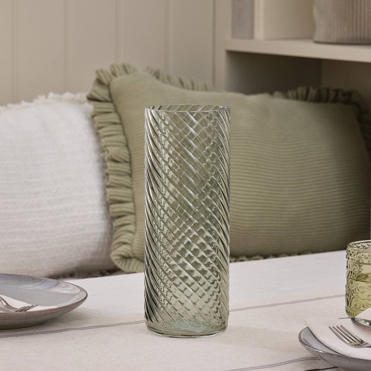 Bouquet Artificiel Tulipes Jaune Sorbet & Marguerites avec Vase en Verre Texturé Vert