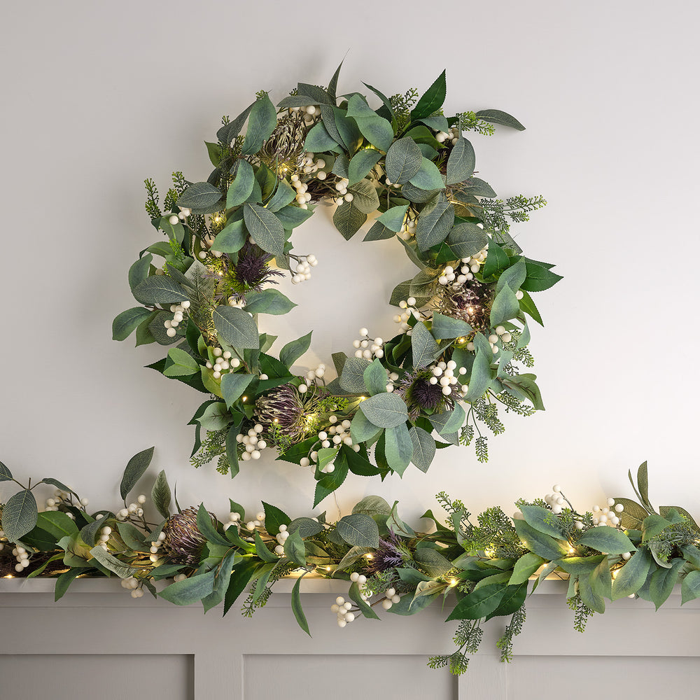 Lot de Couronne et Guirlande de Noël Pré-éclairée à Baies Blanches