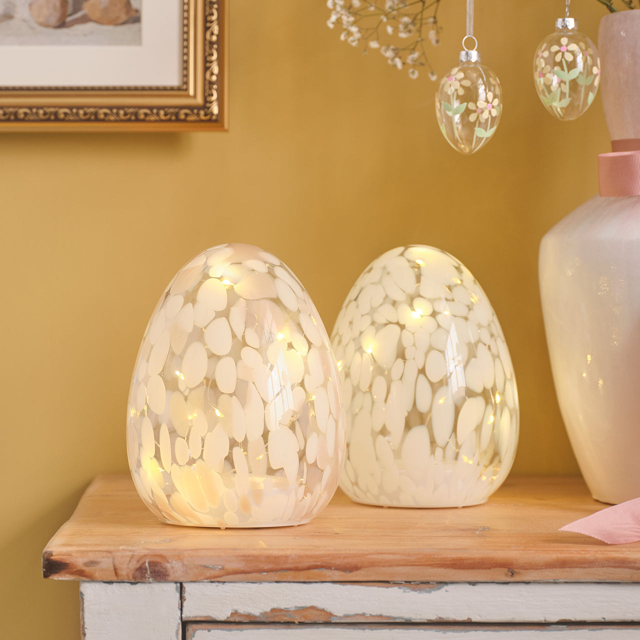 Duo d’Œufs Lumineux en Verre Moucheté Rose & Blanc