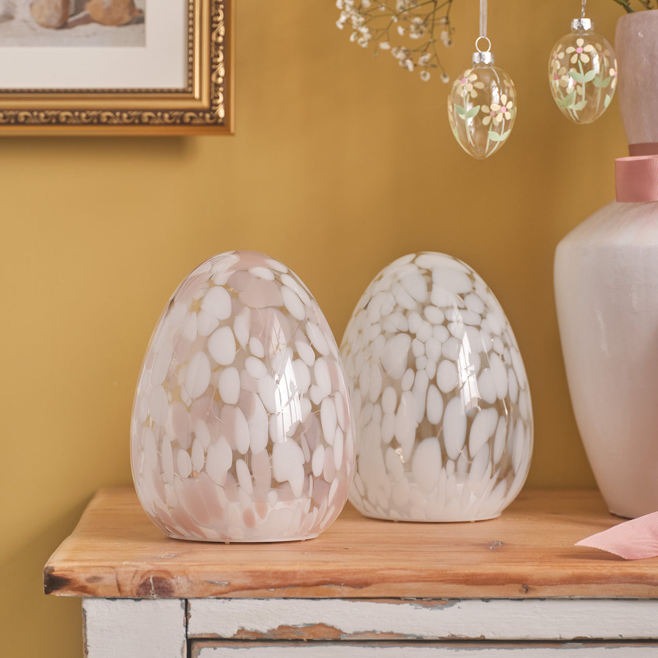 Duo d’Œufs Lumineux en Verre Moucheté Rose & Blanc