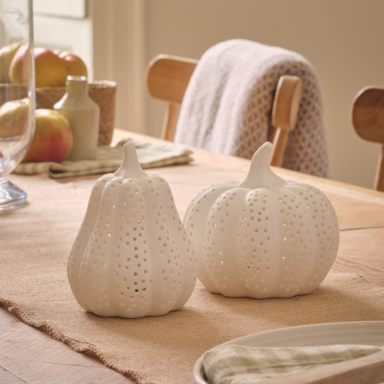 Lot de Citrouille & Courge Lumineuses en Porcelaine Blanche Mate