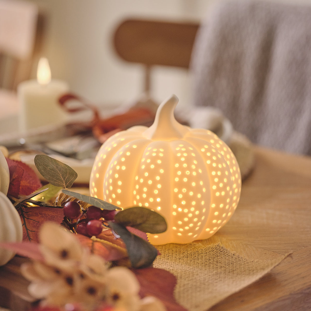 Lot de Citrouille & Courge Lumineuses en Porcelaine Blanche Mate