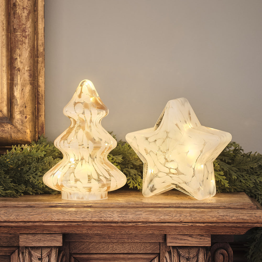 Lot Étoile et Sapin Lumineux en Verre Effet Confettis Champagne