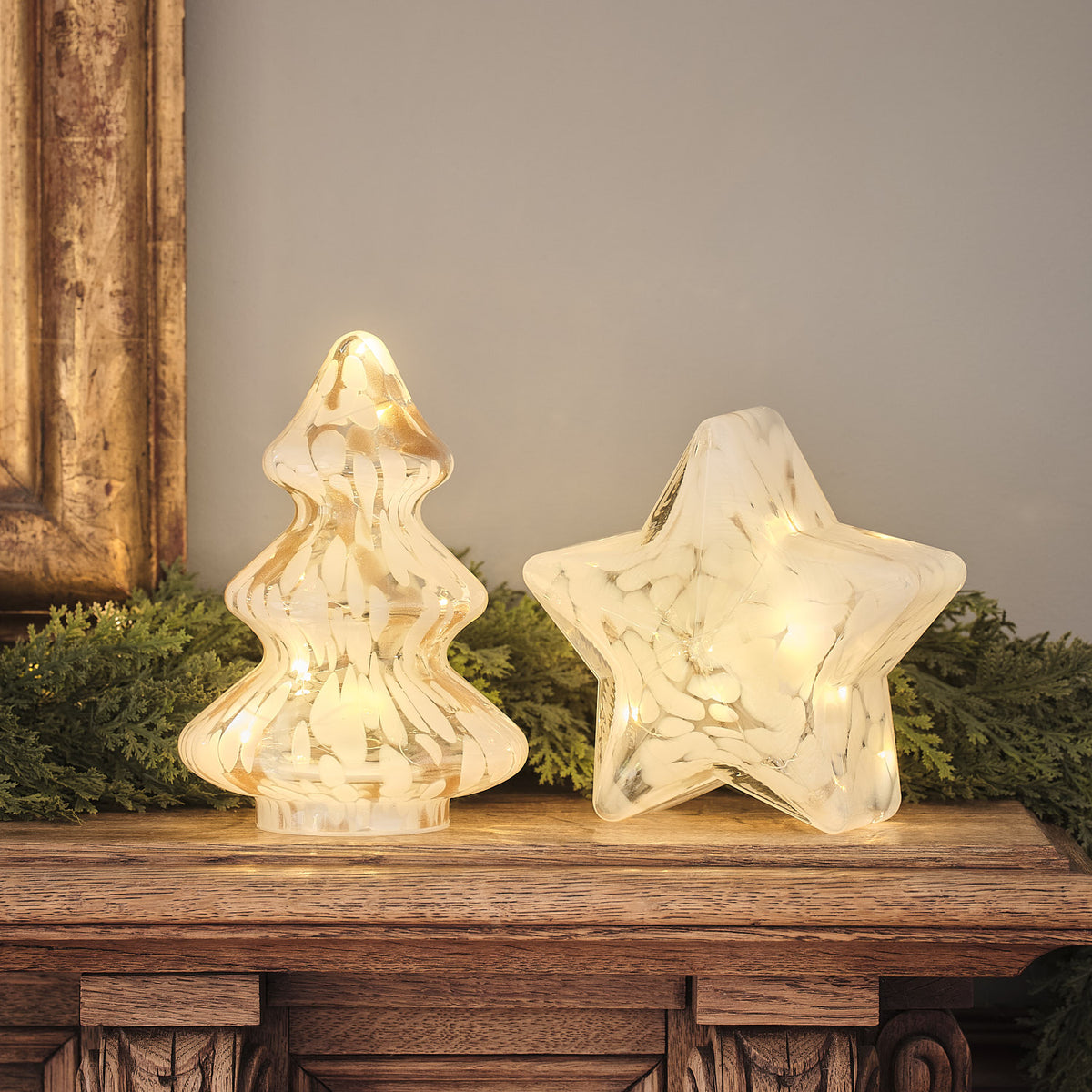 Lot Étoile et Sapin Lumineux en Verre Effet Confettis Champagne