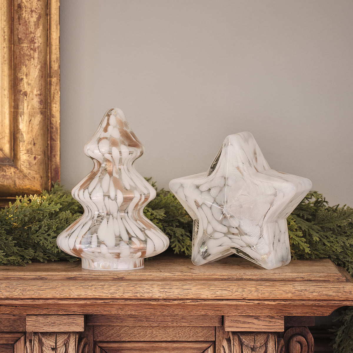 Lot Étoile et Sapin Lumineux en Verre Effet Confettis Champagne