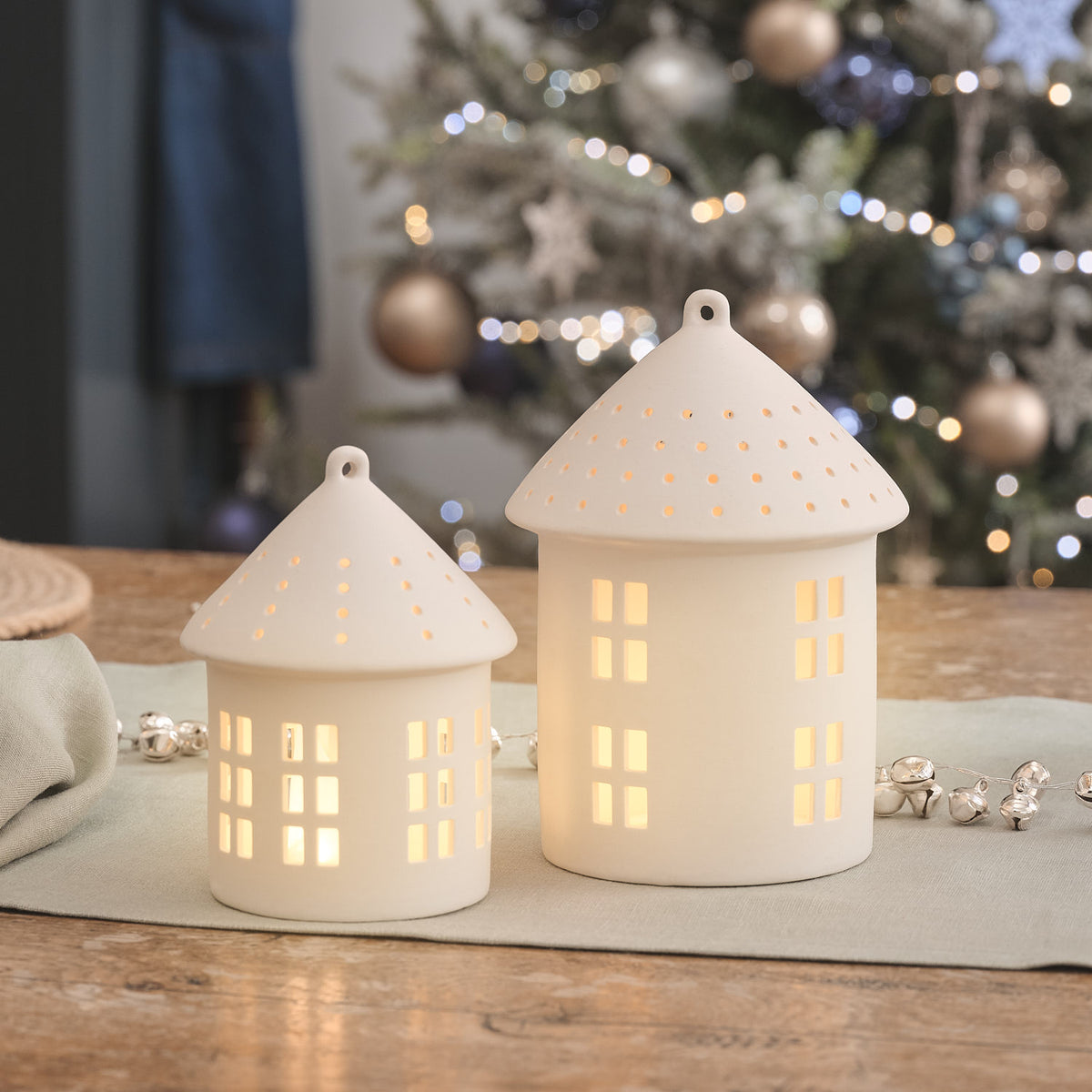 Lot de 2 Maisonnettes Lumineuses en Porcelaine Blanche