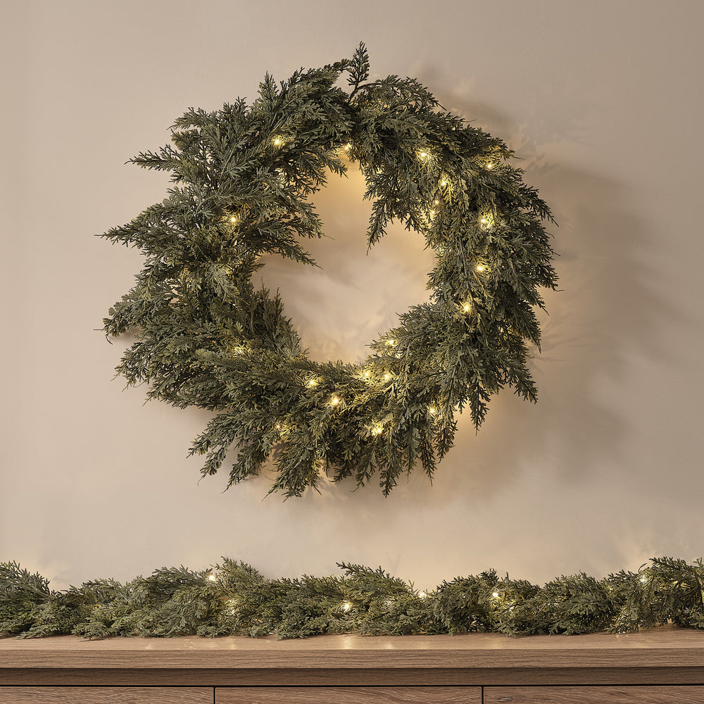 Lot Couronne et Guirlande de Noël Pré-éclairées Conifère