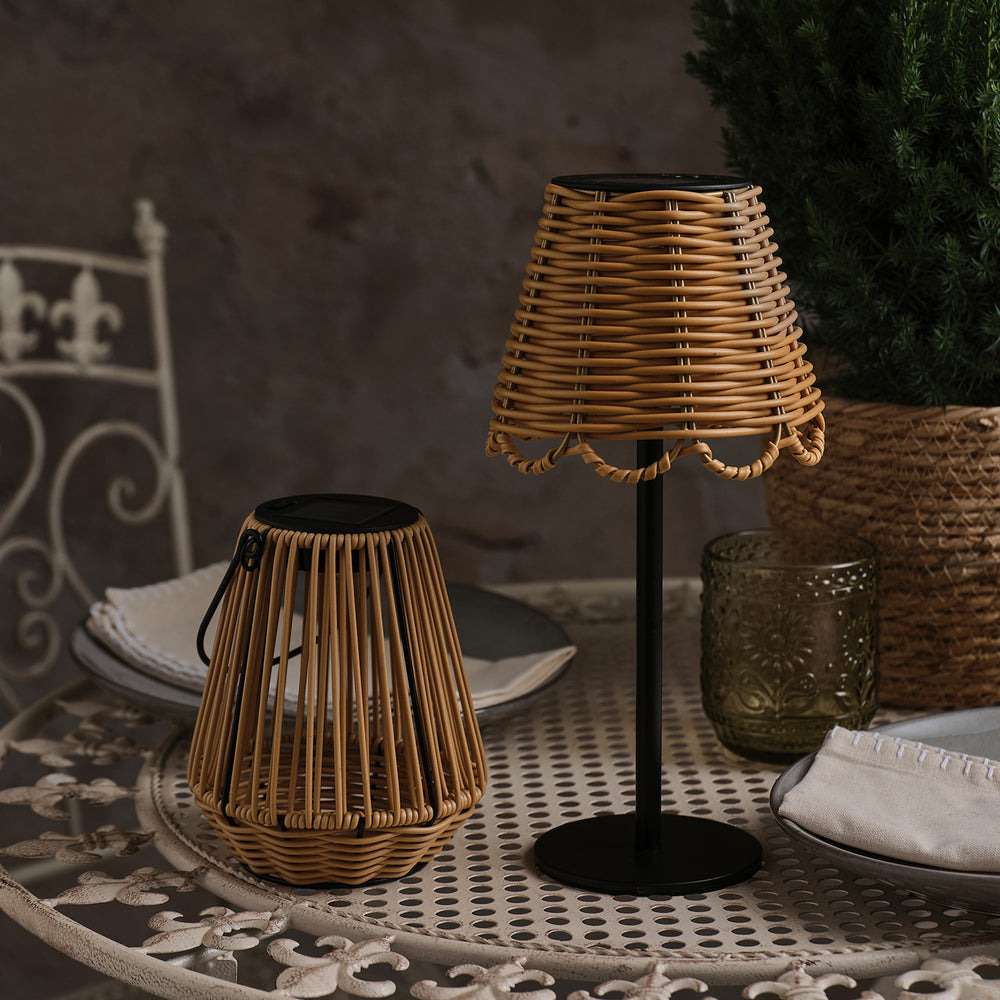 Duo de Lanterne et Lampe de Table Solaires – Effet Rotin Tressé