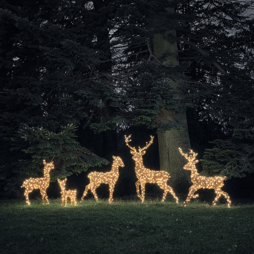 Grande Famille de 5 Rennes Lumineux LED Bicolores en Rotin Noir et Marron